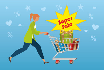 Woman with shopping cart, trolley. Vector illustration. EPS10.