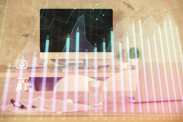 Multi exposure of financial graph drawing and office interior background. Concept of market...