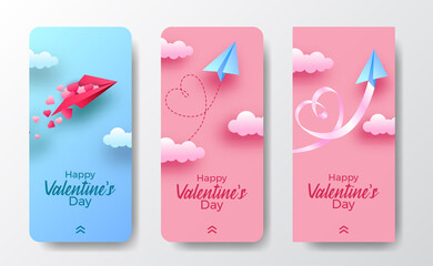 Social media stories banner for valentine's day with paper plane travel paper cut style