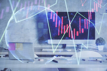 Multi exposure of financial graph drawing and office interior background. Concept of market...