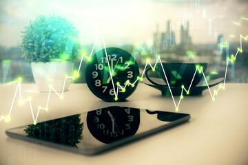 Double exposure of forex graph drawing and cell phone background. Concept of financial data analysis
