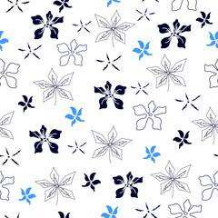 Seamless pattern with blue flowers on a white background. Hand drawn floral texture.