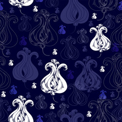 Seamless pattern with white flowers on a blue background. Hand drawn floral texture.