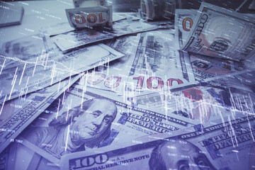Multi exposure of forex chart drawing over us dollars bill background. Concept of financial success markets.