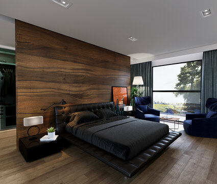 modern bedroom with bed, blue armchair and poster in front of the wooden wall, 3d render