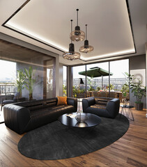 modern living room with black sofa on the wooden floor, 3d render