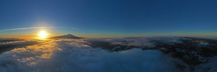 Fototapeta na wymiar 180 degree virtual reality panorama of sunrise above the clouds with view of Etna volcano, Sicily, Italy.