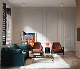 modern living room with green sofa and orange armchairs, 3d render