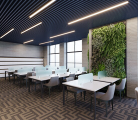 Modern library with ceiling design, bookshelf, plants and study desk, 3d render