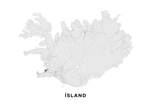 Iceland map poster (landscape). Road map of Iceland. It includes properly grouped all roads of the country (from highways to country roads and railways). Light grayscale printable graphics.