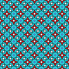 Seamless geometric ornament based on traditional islamic art. Red, blue, black and white colors.