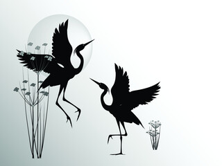 Two herons with raised wings on the background of marsh plants and sun isolated on a white background. Vector silhouette drawing.