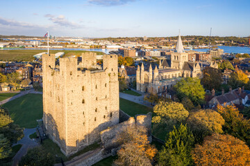 Aerial view to Rochester cathedral and castle