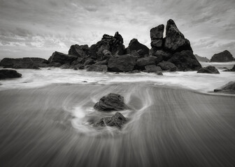 Sunset at a Rocky Beach, Northern California Coast, Black and White - 402435017