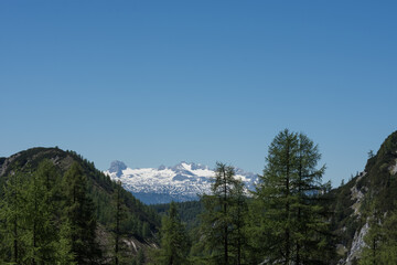 Fototapeta na wymiar mountains with snow on the horizon while hiking in the nature