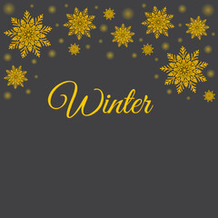 Winter grey background with golden volumetric snowflakes and glowing dots. Vector modern design of holidays banner