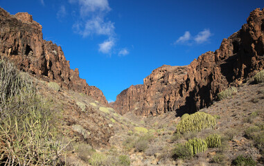 Fototapeta premium Gran Canaria, landscapes along the hiking route around the ravive Barranco Hondo, The Deep Ravine at the southern part of the island, full of caves and grottoes, close to small village Juan Grande