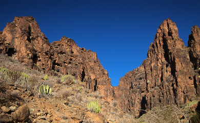 Gran Canaria, landscapes along the hiking route around the ravive Barranco Hondo, The Deep Ravine at the southern part of the 
island, full of caves and grottoes, close to small village Juan Grande