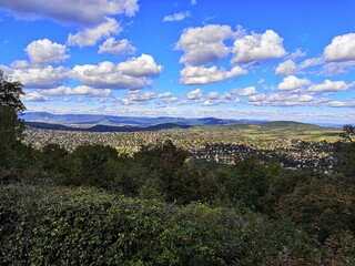 landscape with sky, clouds and city