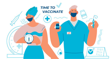 Concept for landing page or banners on covid-19 vaccination. Coronavirus pandemic, Covid-19 vaccination concept. Coronavirus vaccine. Flat cartoon vector illustration for designers templates.
