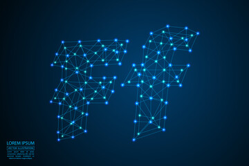 English letters abstract font consists 3d of triangles, lines, dots and connections. On a dark blue background cosmic universe stars, meteorites, galaxies. Vector illustration EPS 10.