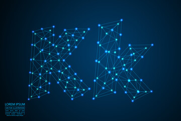 English letters abstract font consists 3d of triangles, lines, dots and connections. On a dark blue background cosmic universe stars, meteorites, galaxies. Vector illustration EPS 10.