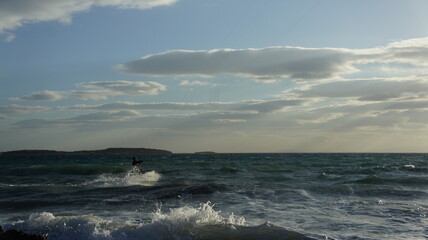 Kitesurfing in the windy sea near Athens Greece