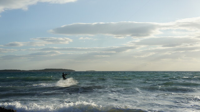Kitesurfing in the windy sea near Athens Greece