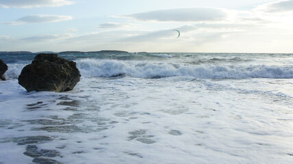Kitesurfing  in the windy sea near Athens Greece