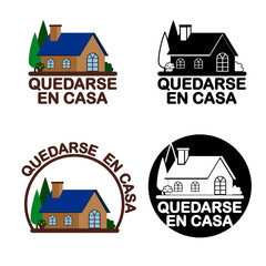 A set offlat icon design with wording STAY HOME in Spanish under a cute little house. It’s followed the COVID19 campaign to stop spreading the virus.