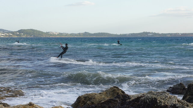 Kitesurfing in the windy sea near Athens Greece