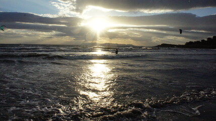 Kitesurfing in the windy sea near Athens Greece
