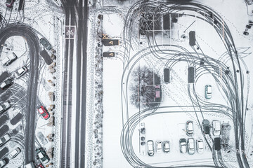 Aerial view Over Snowy Car Park in UK