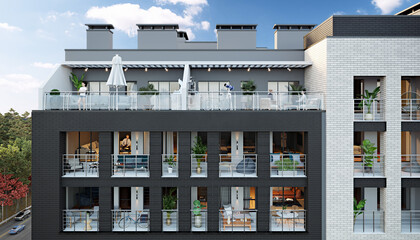 3d rendering of a  part of a modern multistory city building with balconies and terraces