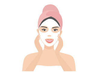 Young woman applying facial sheet mask. Skin care, beauty, cosmetics, spa and salon concept vector illustration