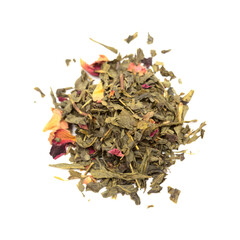 Green tea mixed with sakura petals isolated on white background