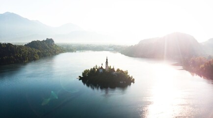 Aerial view of Lake Bled Island Blejsko jezero Julian alps mountains Slovenia Europe
