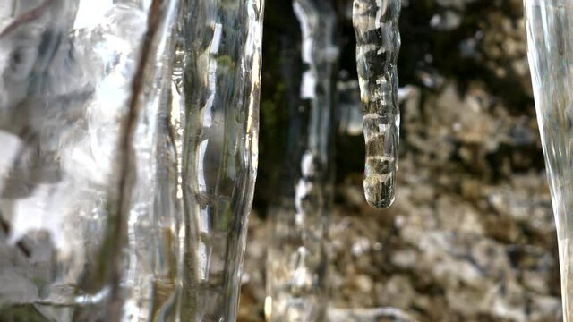 Macro Glittering icicles Melting ice drops in mountain cave in spring, close up