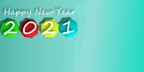 Top view blue background with umbrellas and "happy new year 2021" text