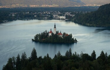 Panoramic view of Lake Bled Island Blejsko jezero from Osojnica viewpoint hill Julian alps...