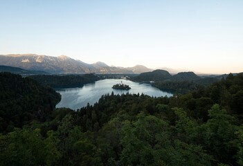Panoramic view of Lake Bled Island Blejsko jezero from Osojnica viewpoint hill Julian alps...