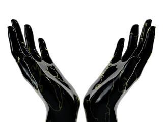 Glossy black mannequin hands decorated with gold. Kintsugi style. Front view.