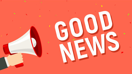 Good news announce megaphone hand holding cartoon attention. Great news happy announcement - obrazy, fototapety, plakaty