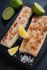Close-up of hot smoked calamari steaks with seasonings on a black wooden serving board, vertical shot