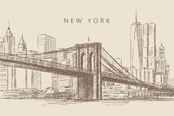 Sketch of a Brooklyn bridge and skyscrapers, New York, USA. Vintage brown and beige card, hand-drawn. Cityscape view. Architecture silhouette from lines. Old design.	