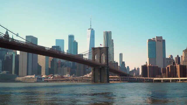 Panning Shot of Brooklyn Bridge and Manhattan Skyline