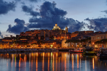 Townscape of the old town of Imperia at dusk, Liguria, Italy