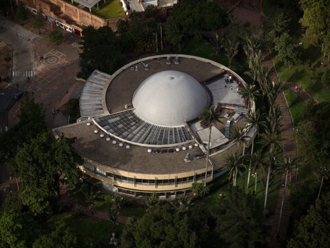 Planetarium of Bogota science museum from viewing platform observation deck Torre Colpatria tower Colombia