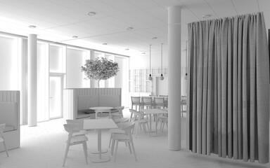Clay render interior, 3d illustration cafe shop, restaurant indoor 3d rendering design