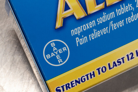 Indianapolis - Circa December 2020: Bayer Aleve. Bayer manufactures lines of pain relieving anti-inflammatory over the counter drugs.